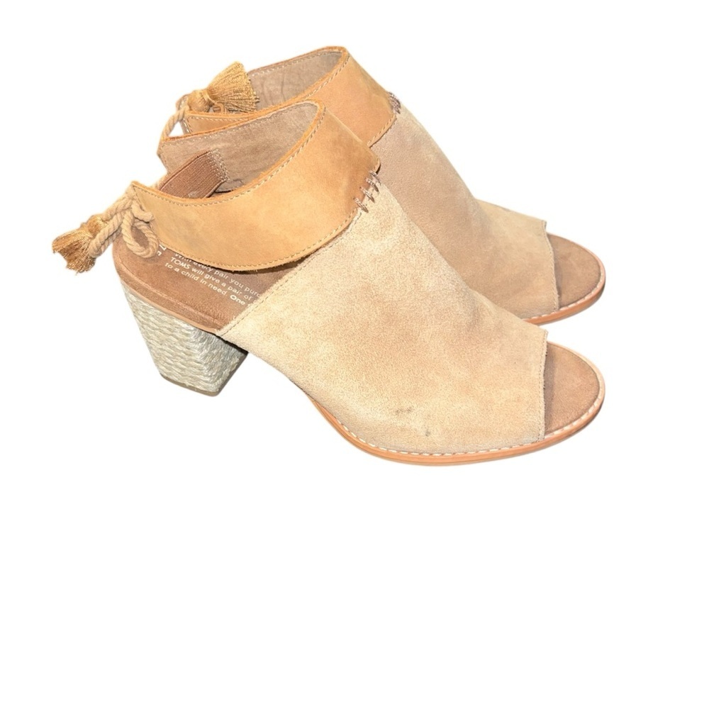 TOMS Seville leather tan honey Suede Peep Toe Heeled espadrilles Sandals 7.5